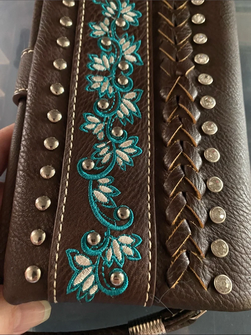 Faux Leather Purse Bag Wallet With Zip Pockets Rhinestones Embroidery crossbody - Picture 5 of 5